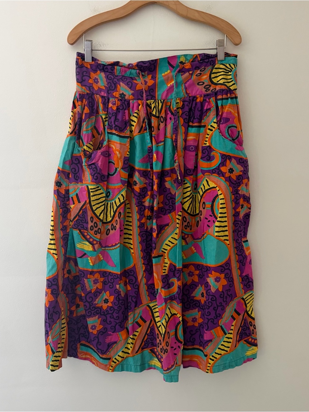 Vintage Midi Skirt 70s Colorful Bright Purple Pink Maximalist Artsy Boho